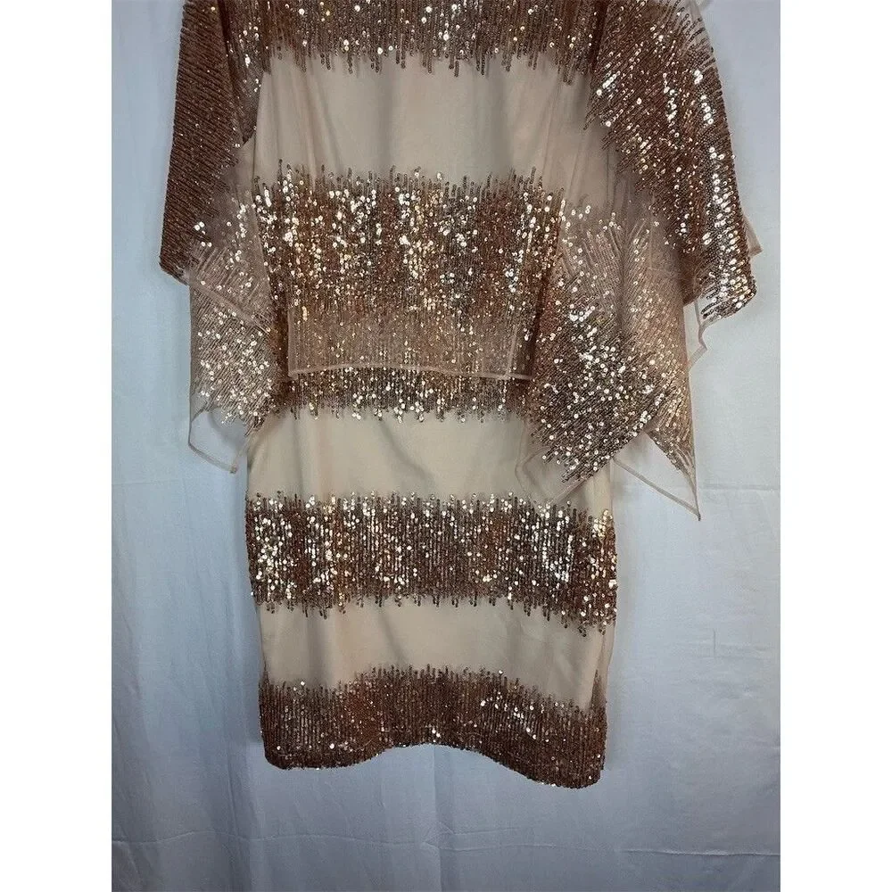 Belle Badgley Mischka Dress Womens 6 Beige Sequin Stripe Sheer Cape Cocktail - Picture 6 of 16